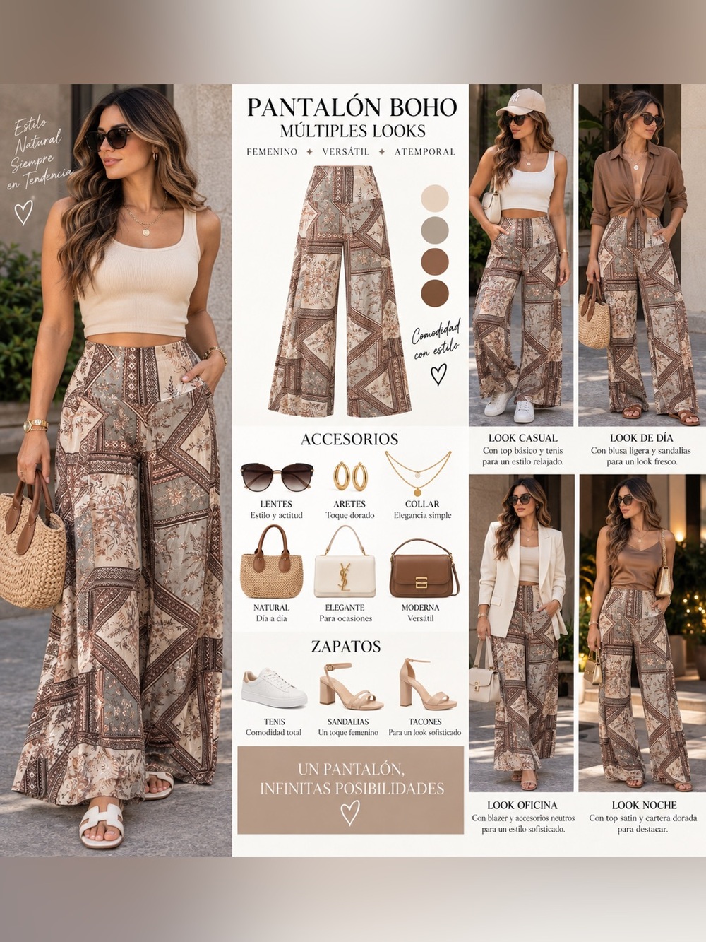 Boho Wide-Leg Patchwork Pants — Brown & Cream
